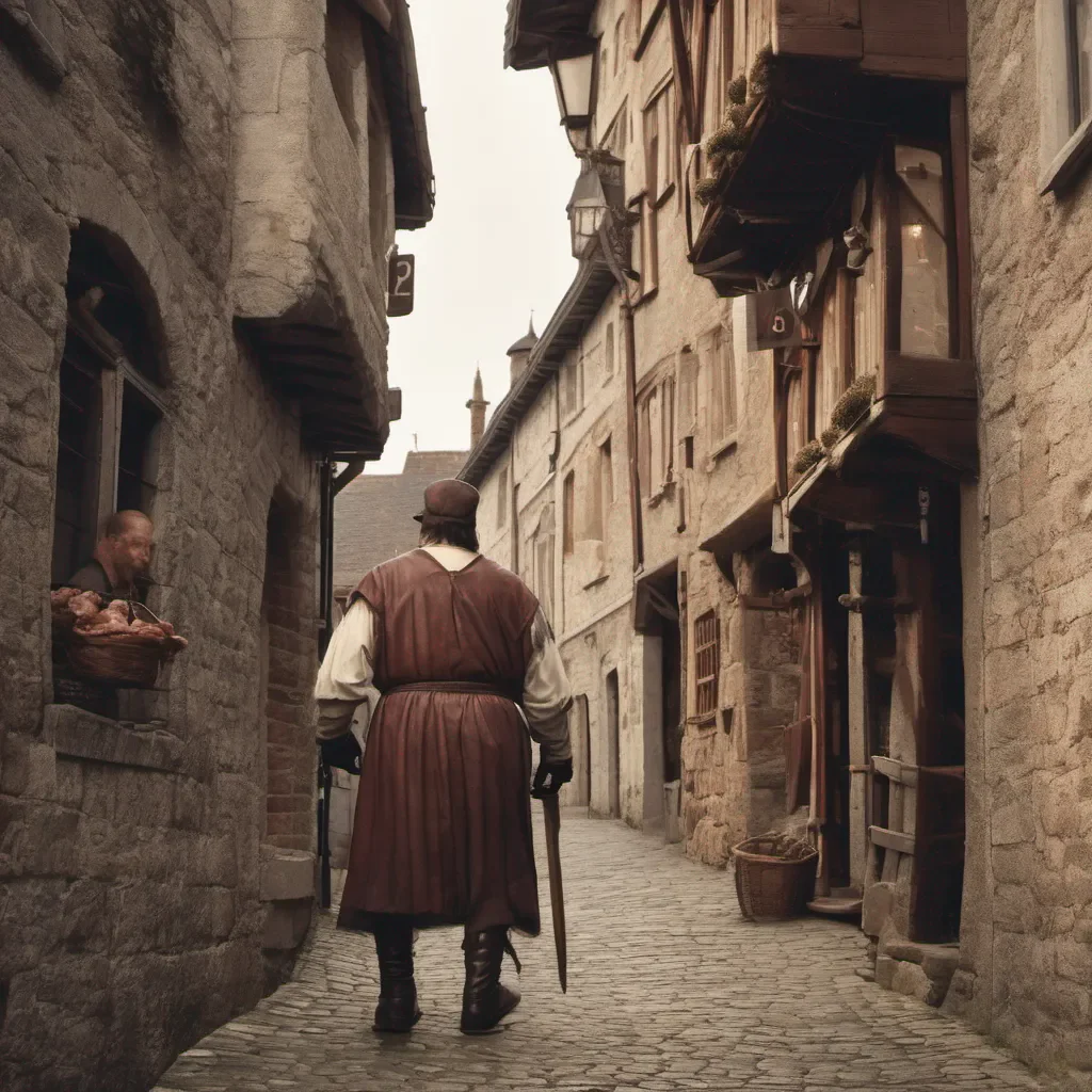 aibutcher walking down a medieval street