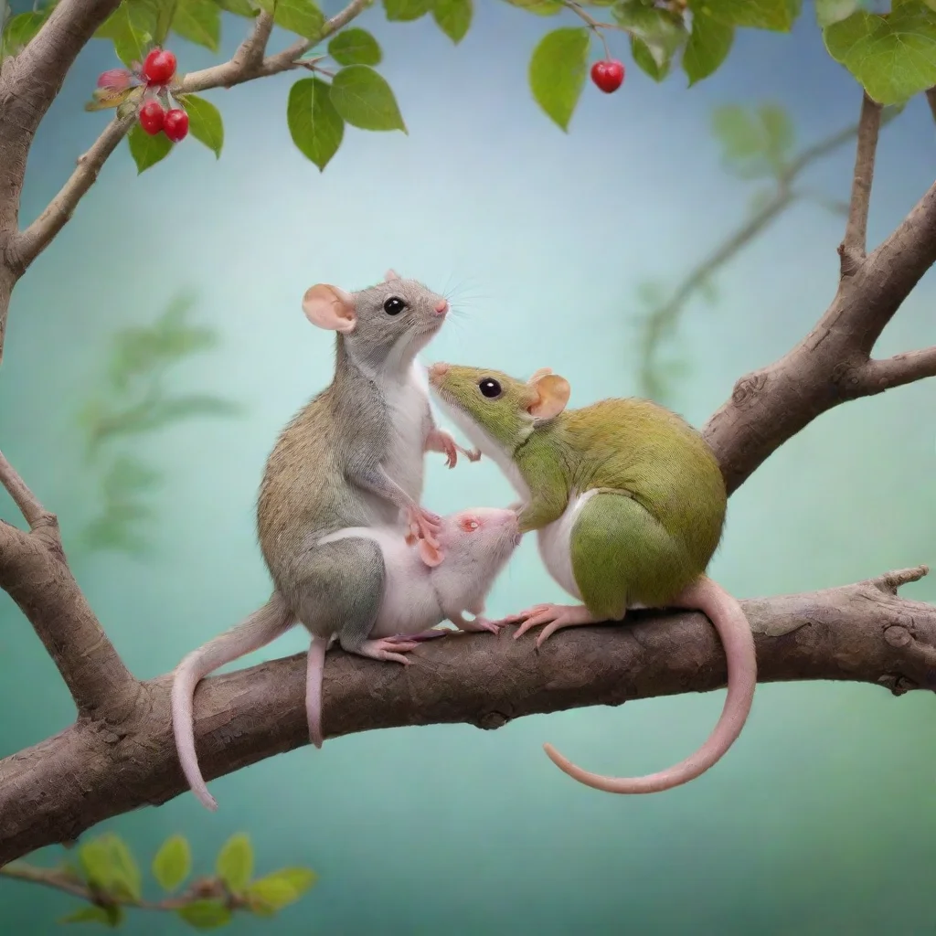 aicamaleon and rat having a romantic date in a tree