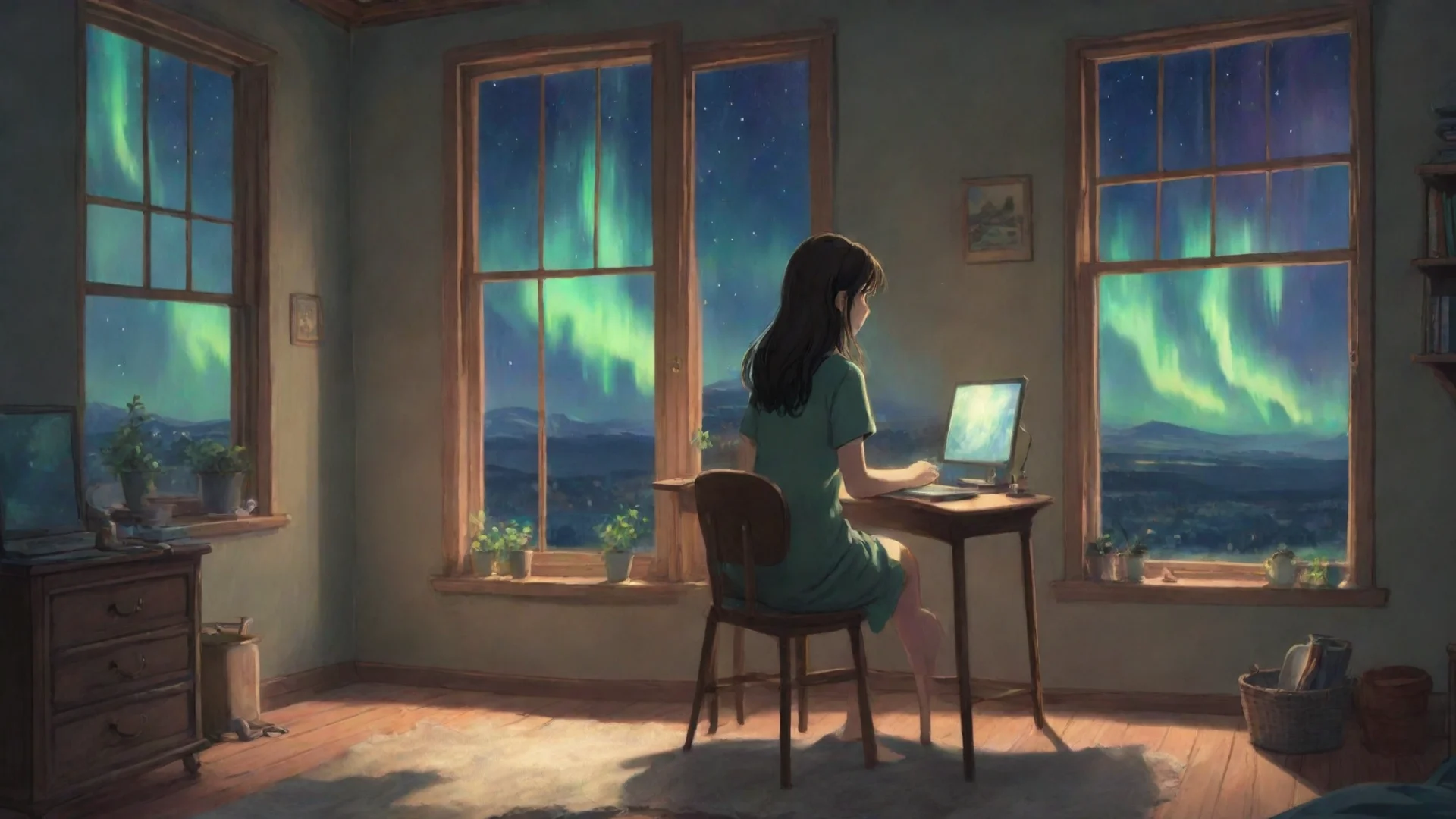 aican you draw of a girl sitting on a chair and using a computer inside of his house and the window is like northern lights in studio ghibli art style hdwidescreen