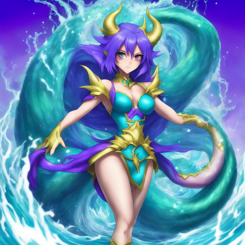 aican you make me a yugioh card of dragonmaid nudyarl that is using her tail that is making a wave of water that is the art work style of the rest of the dragonmaid monsters%3F