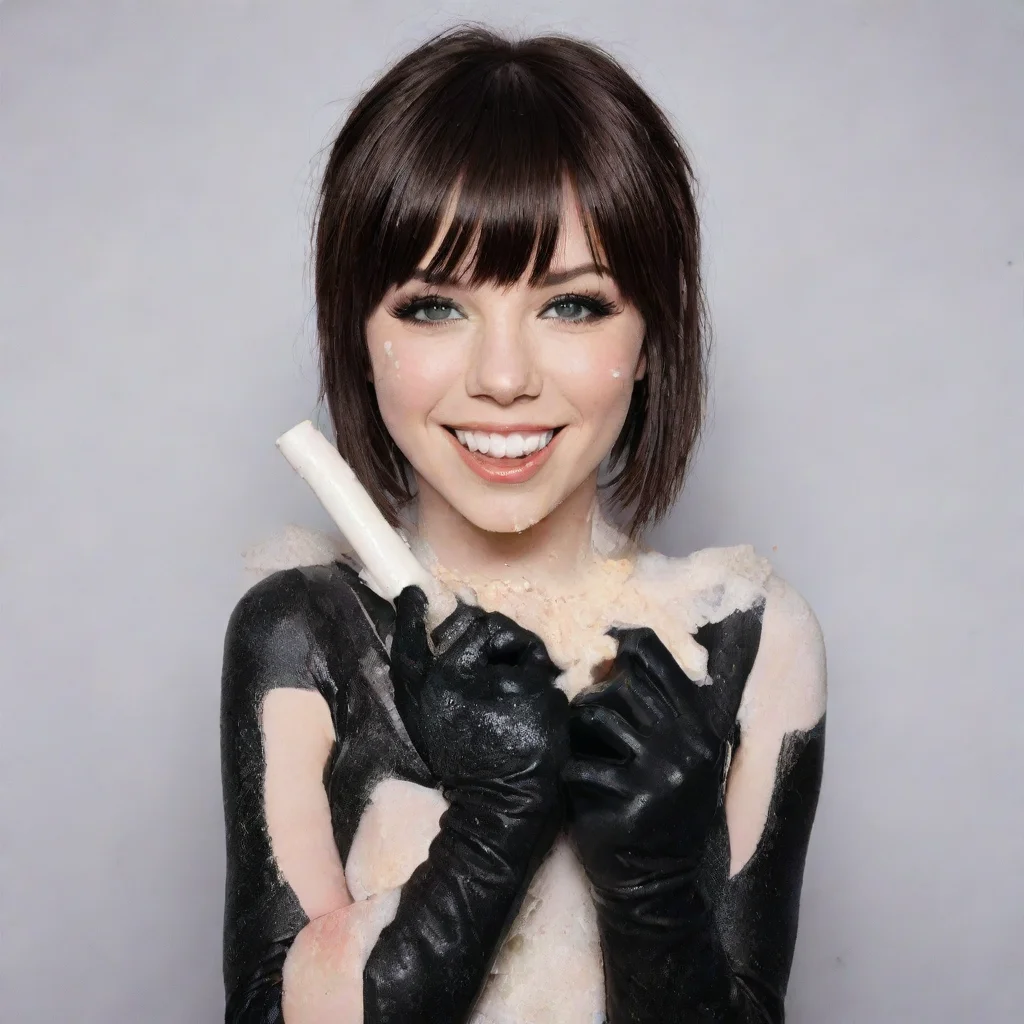carly rae jepsen smiling with black  deluxe gloves and gun and mayonnaise splattered everywhere