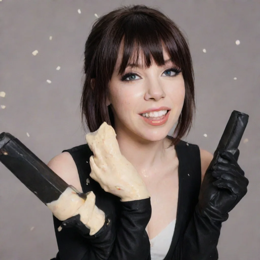 aicarly rae jepsen smiling with black gloves and gun and mayonnaise splattered everywhere