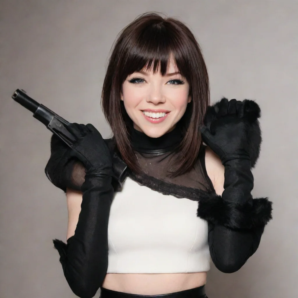carly rae jepsen smiling with black gloves and gun