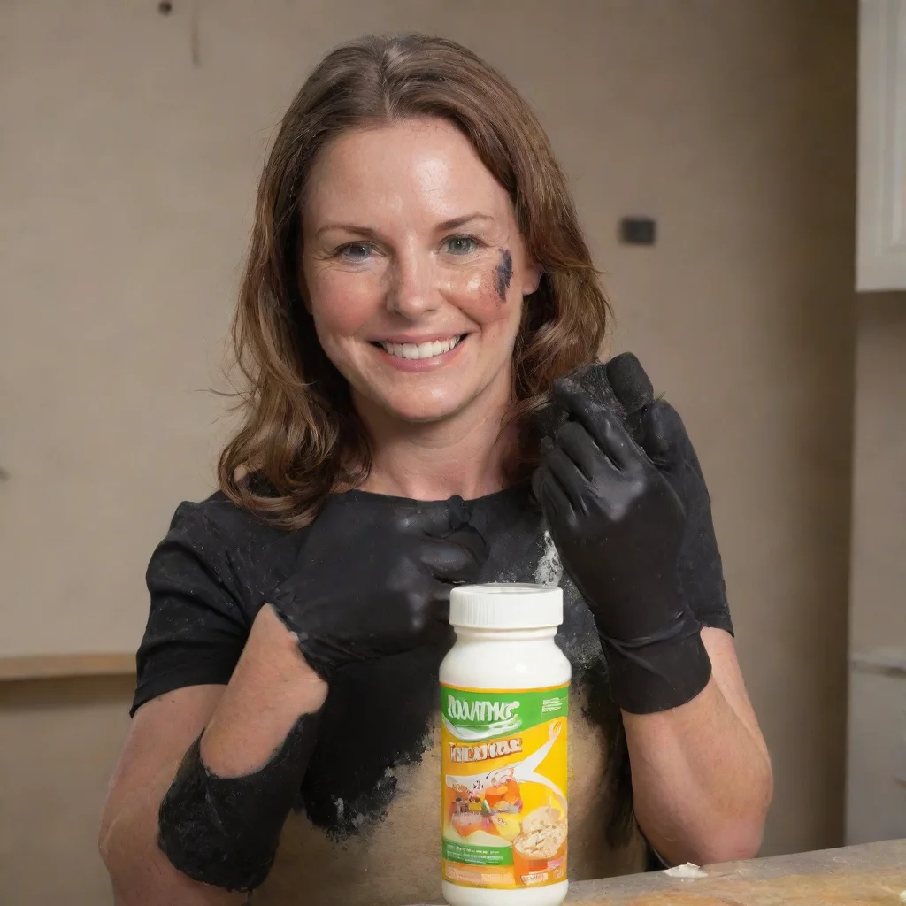 carolyn lawrence  smiling with black deluxe nitrile gloves and gun and mayonnaise splattered everywhere
