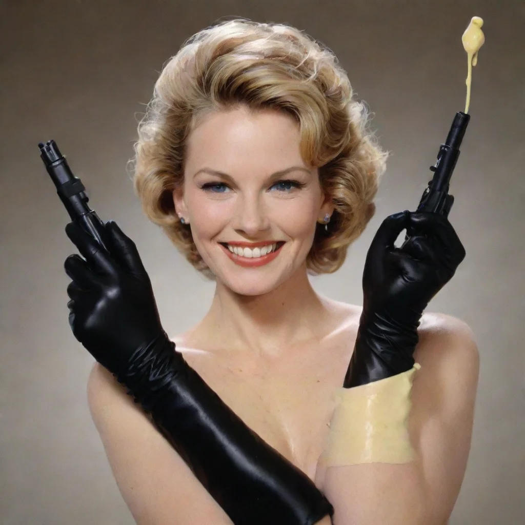 carolyn lawrence american actress  smiling with black deluxe nitrile gloves and gun and mayonnaise splattered everywhere