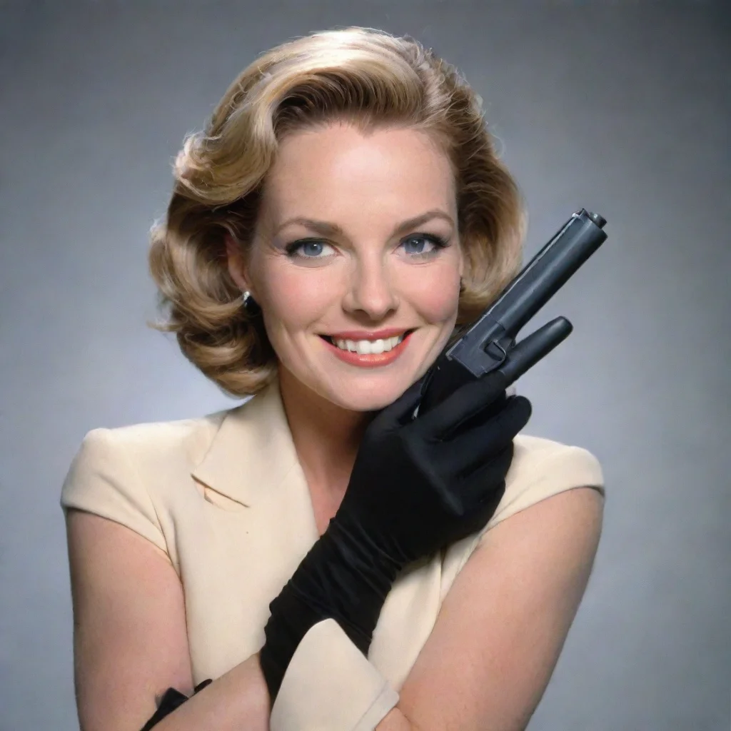carolyn lawrence american actress and real estate broker smiling with black gloves and  gun 