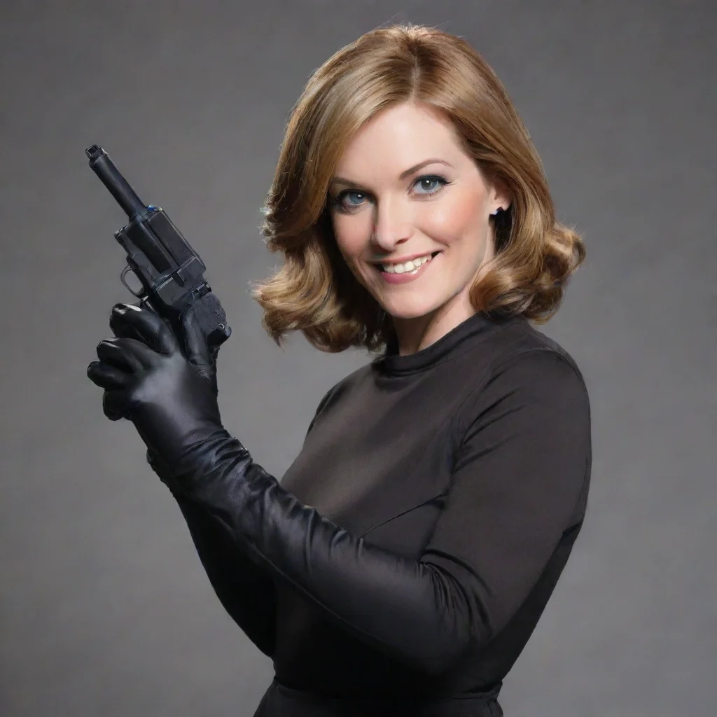 carolyn lawrence voice actress smiling with black gloves and  gun 