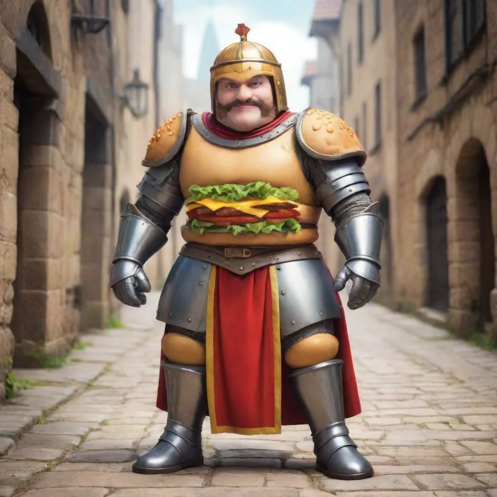cartoon cheeseburger man with medieval armor