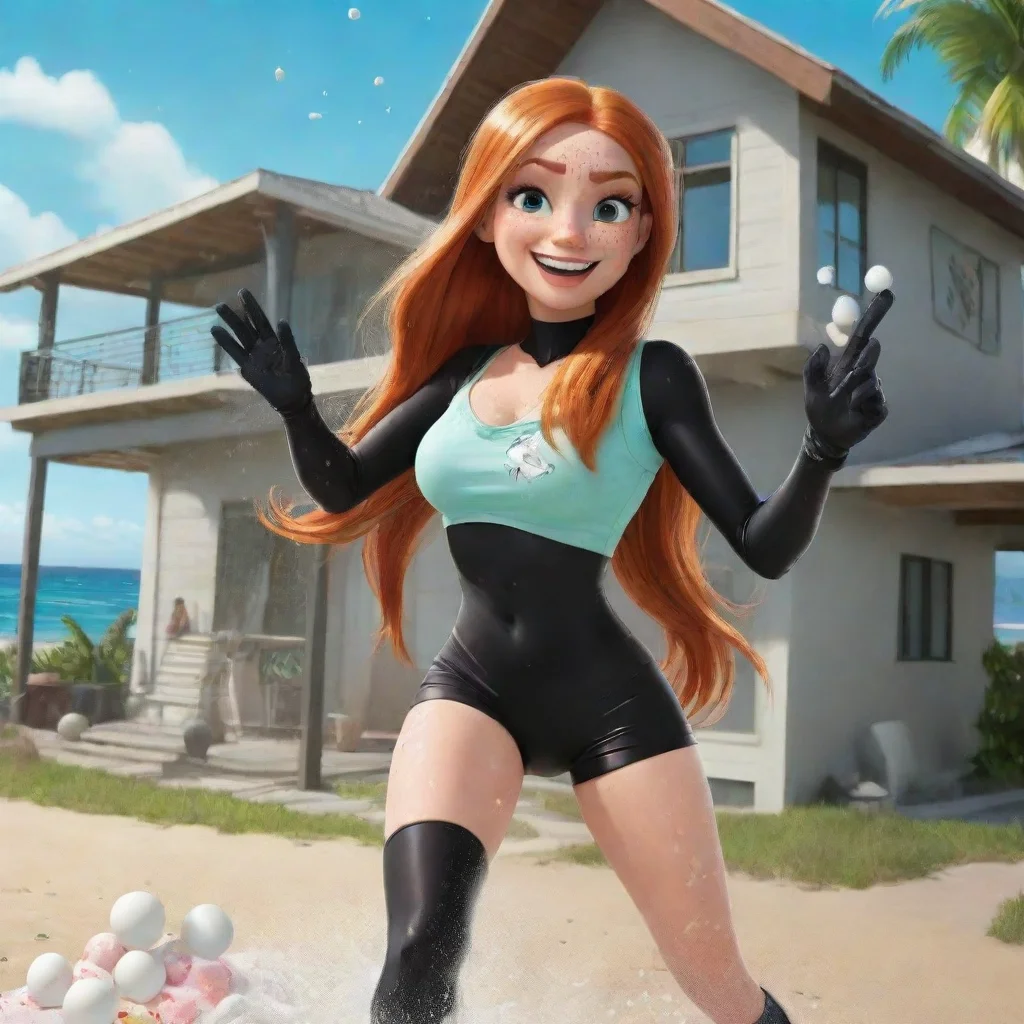cartoon kim possible  smiling seriously at a beach house in jamaica with black gloves and powerful rocket launcher and mayonnaise splashing and splattered everywhere squeezing gooey sticky marshmall