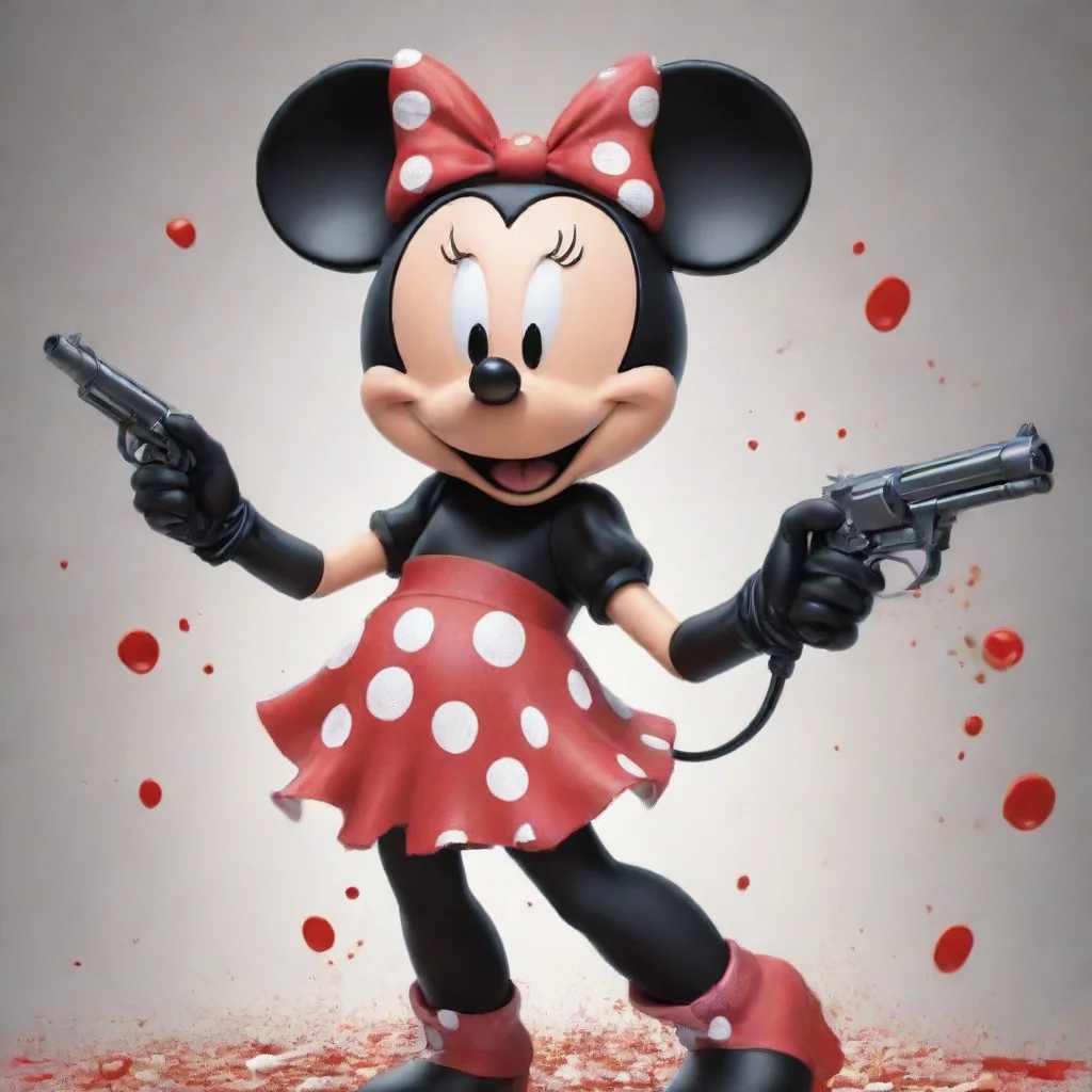 aicartoon minnie mouse from disney with black gloves and gun and mayonnaise splattered everywhere