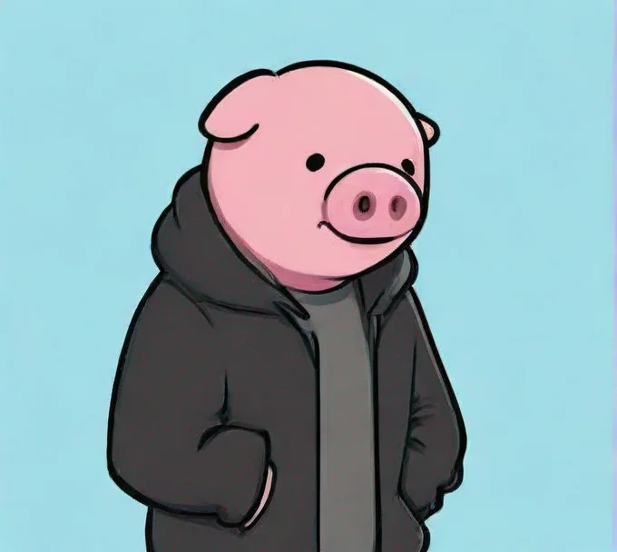 cartoon style pig guy wearing a black hoodie
