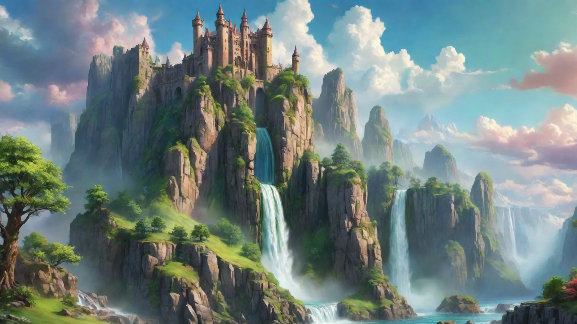 aicastle cliffs waterfalls%2C sheer cartoon realistic hd wow lovely colorful clouds planet green  wide
