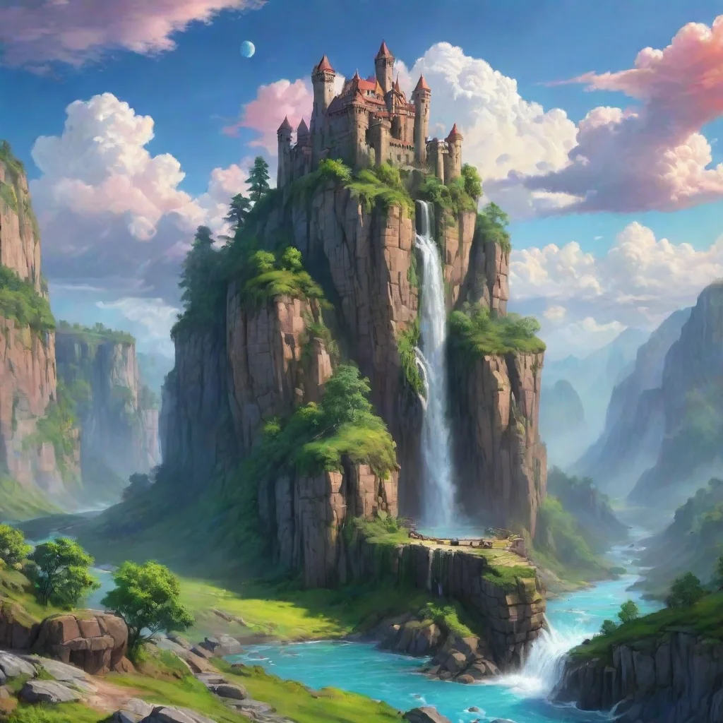 aicastle cliffs waterfalls%2C sheer cartoon realistic hd wow lovely colorful clouds planet green 