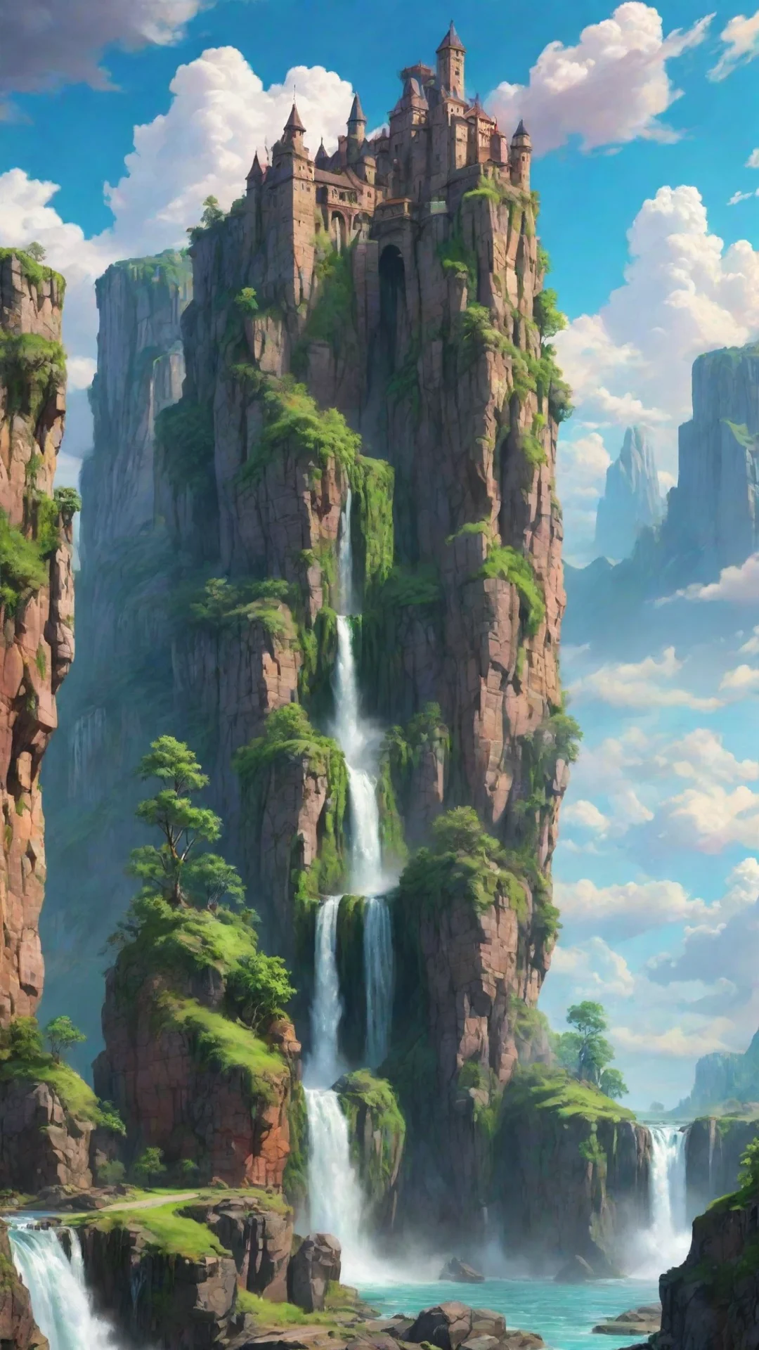 aicastle cliffs waterfalls%2C sheer cartoon realistic hd wow lovely colorful clouds planet green tall