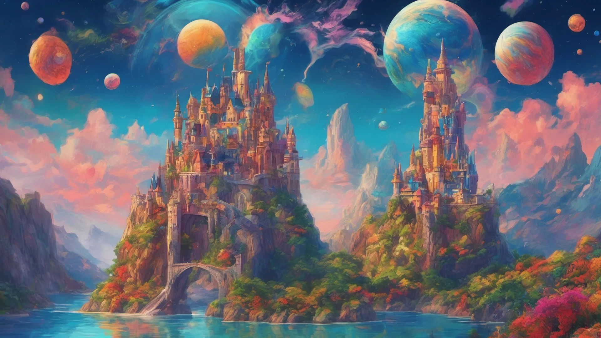castle colorful planets in sky large dragon above castle ravine blue tropical ocean colorful gorgeous stunning trending  amazing awesome portrait 2 wide