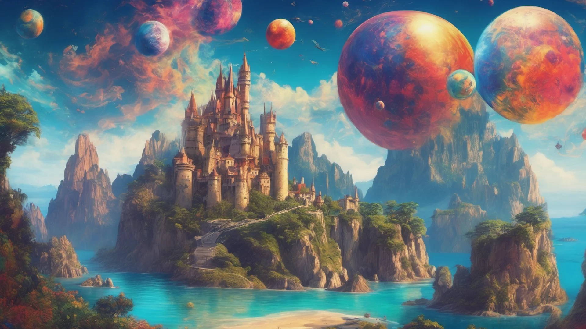 castle colorful planets in sky large dragon above castle ravine blue tropical ocean colorful gorgeous stunning trending  confident engaging wow artstation art 3 wide