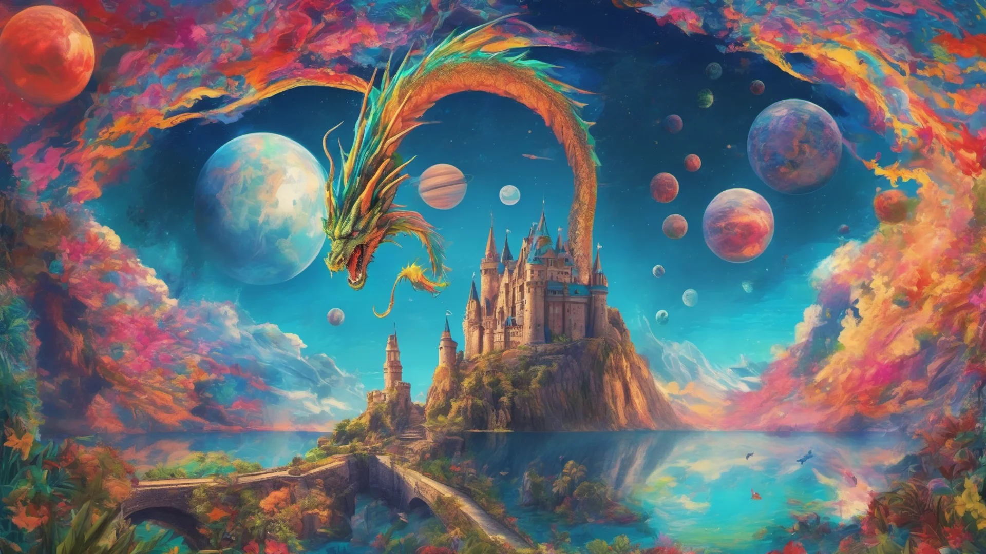 castle colorful planets in sky large dragon above castle ravine blue tropical ocean colorful gorgeous stunning trending  good looking trending fantastic 1 wide