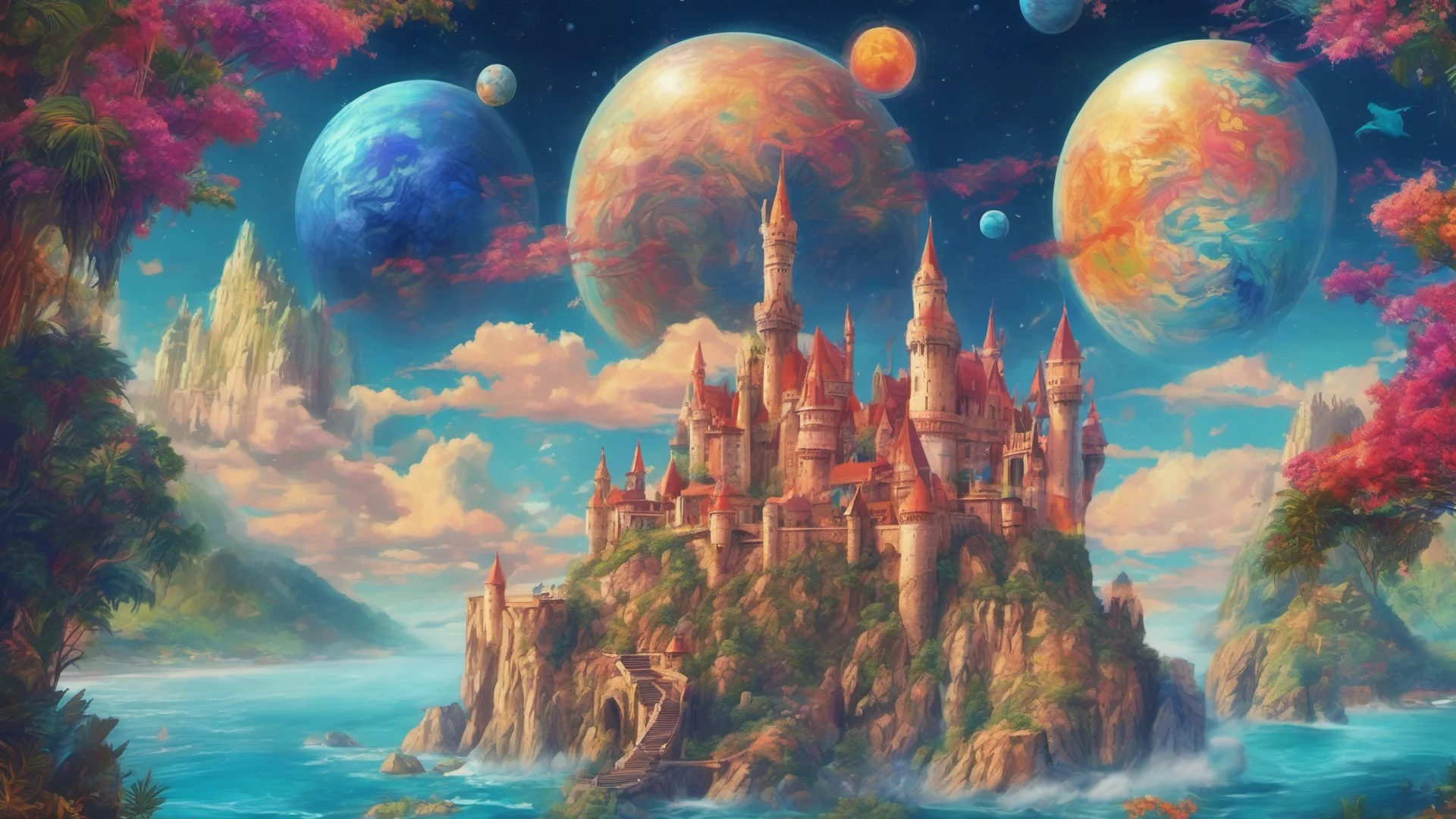 aicastle colorful planets in sky large dragon above castle ravine blue tropical ocean colorful gorgeous stunning trending  wide