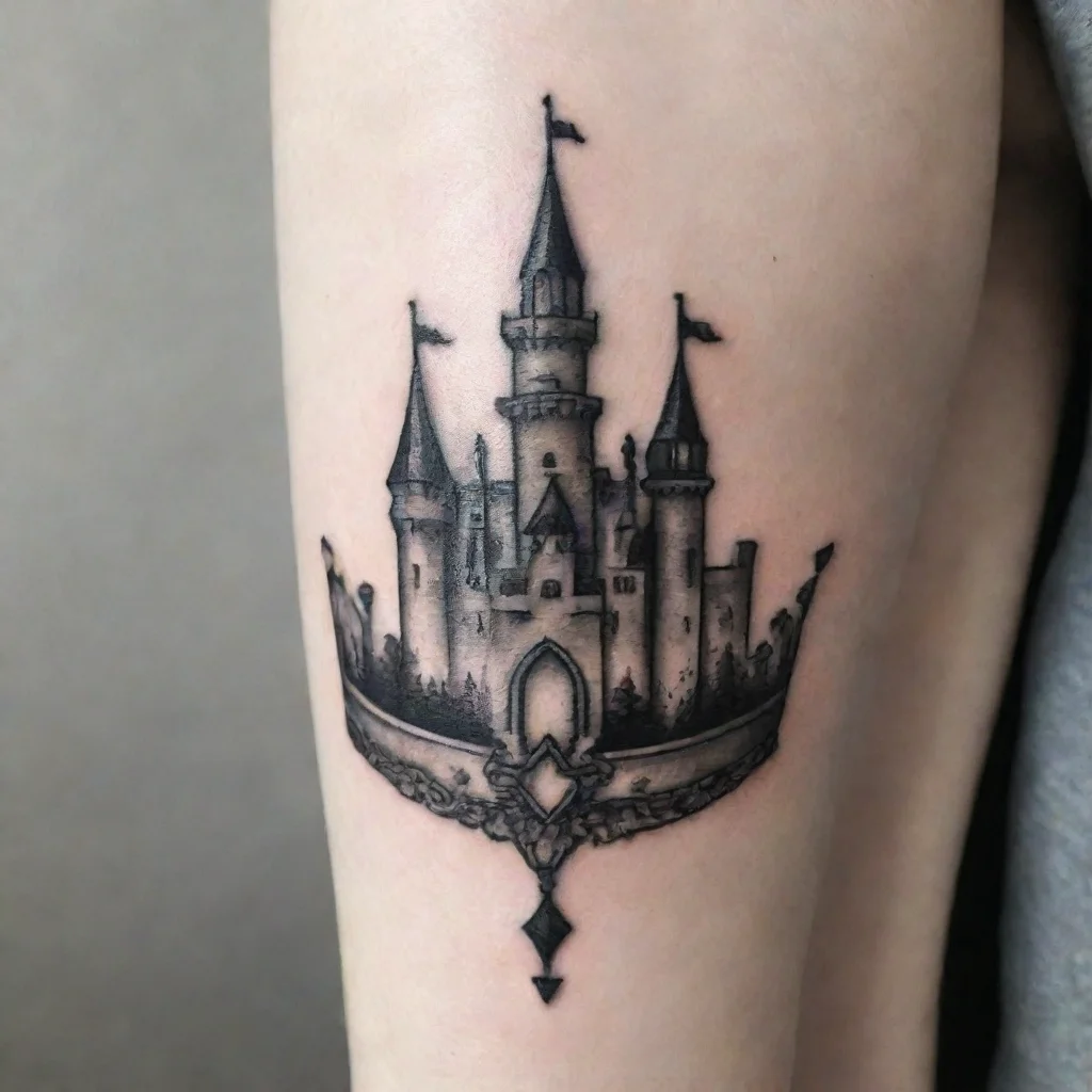 castle crown fine line black and white tattoo