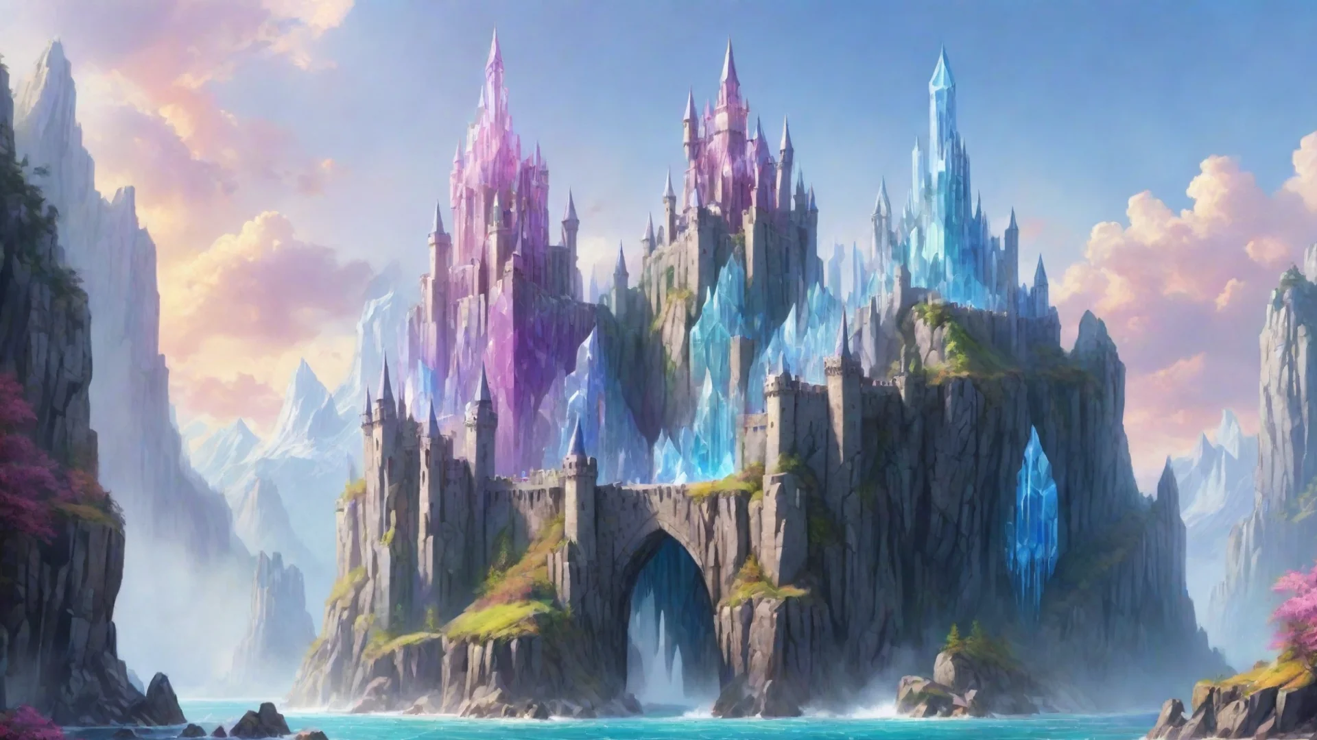 castle fantasy landscape with giant crystal build on giant crystal cliffs bright colors fantasy wide