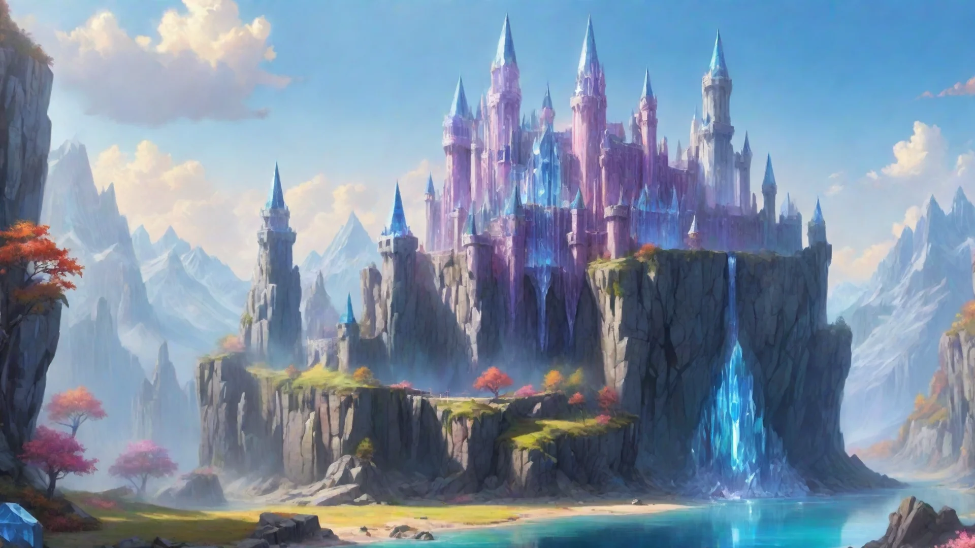 castle fantasy landscape with giant crystal build on giant crystal cliffs bright colors wide
