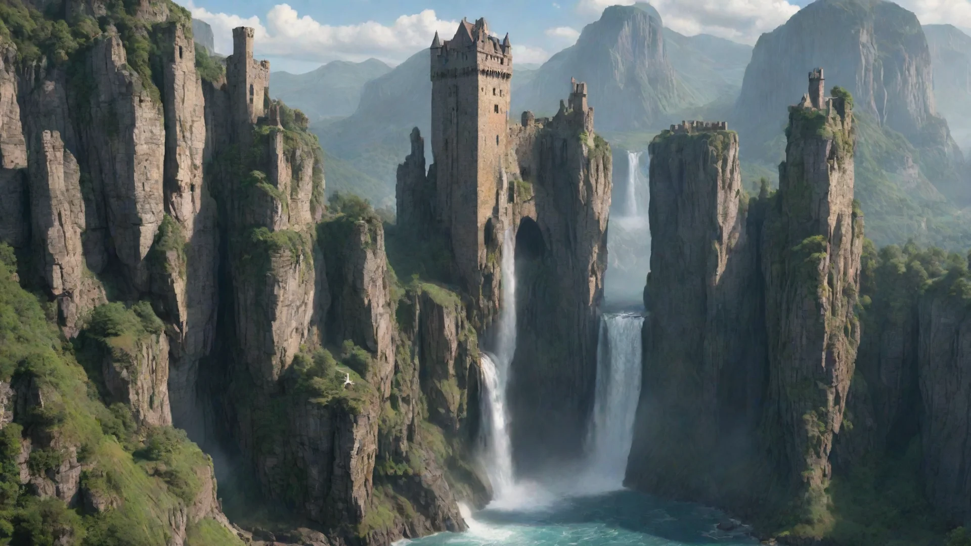 castle huge cliffs waterfalls relaxing environment hd aesthetic wide