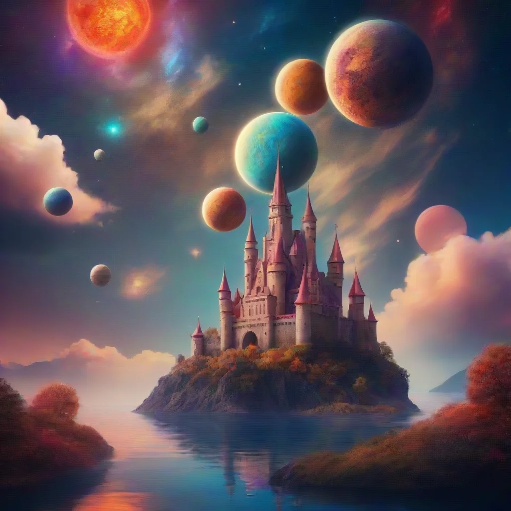 castle in relaxing calming colorful world with floating planets in sky