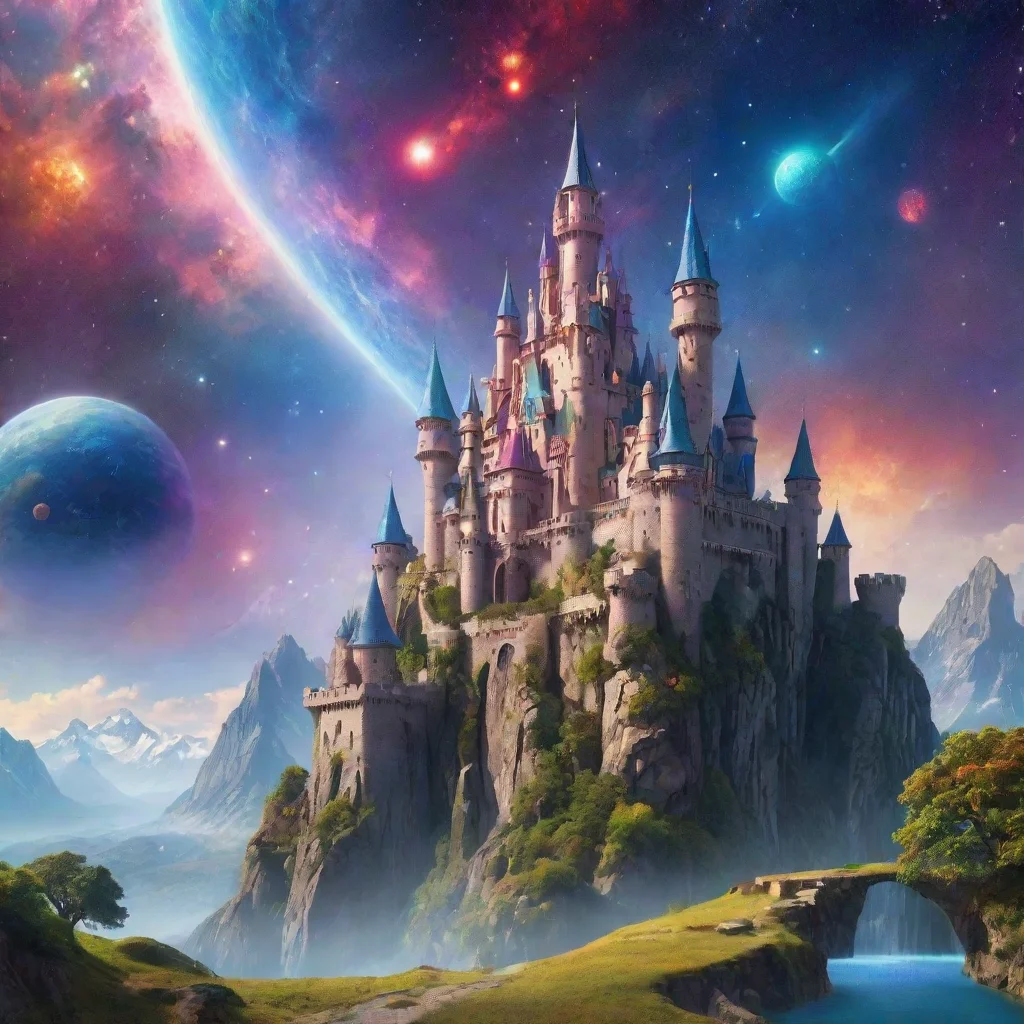 castle in relaxing calming colorful world with planets in sky wonderful magical crystals epic overhangs