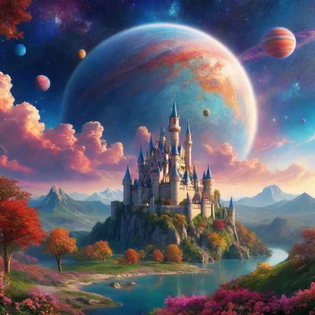 aicastle in relaxing calming colorful world with planets in sky wonderful