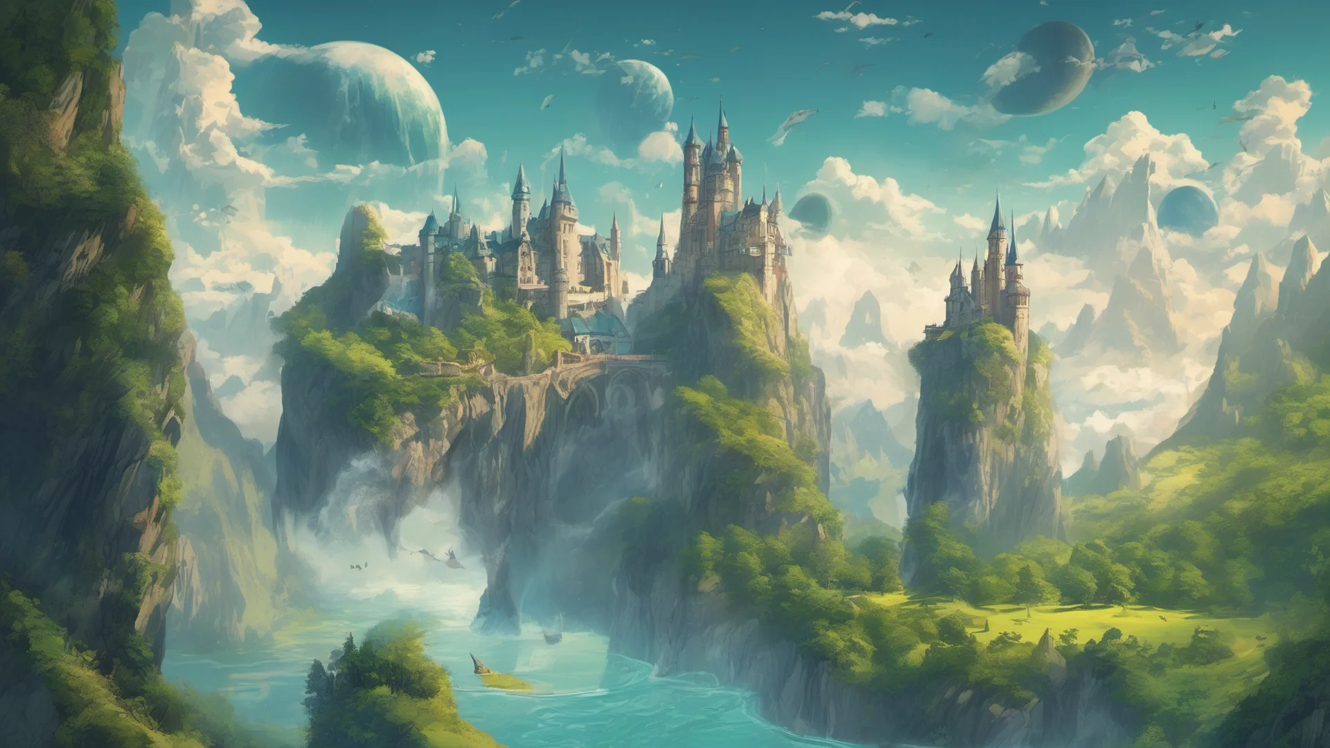 castle on mountain over ravine rivers mountains with steep peaks and overhangs green blue earth circle planet rising%2C two suns%2C large flying whale    amazing awesome portrait 2 wide