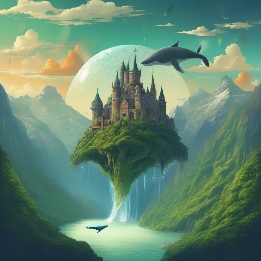 aicastle on mountain over ravine rivers mountains with steep peaks and overhangs green blue earth circle planet rising%2C two suns%2C large flying whale   