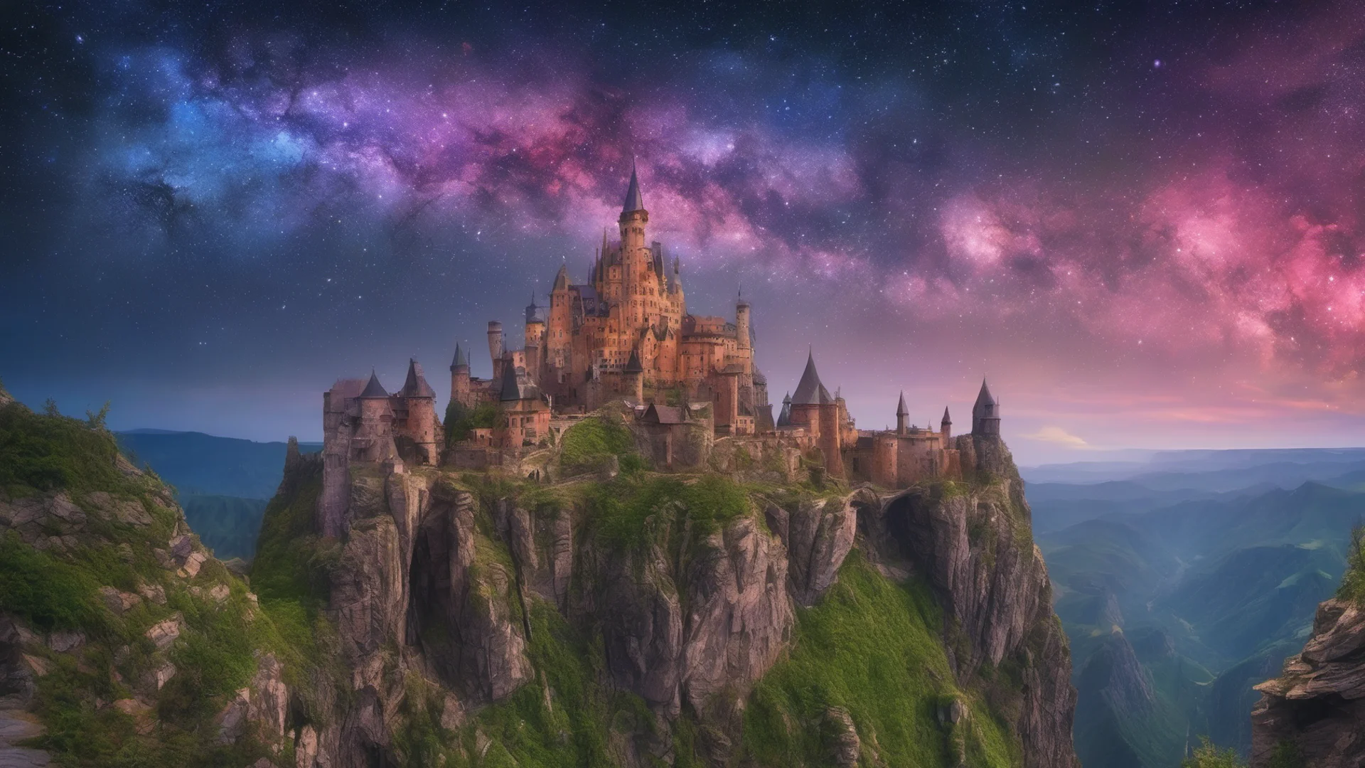 castle unreal landscape amazing starry colorful galaxies in sky steep cliffs overhangs  amazing awesome portrait 2 wide
