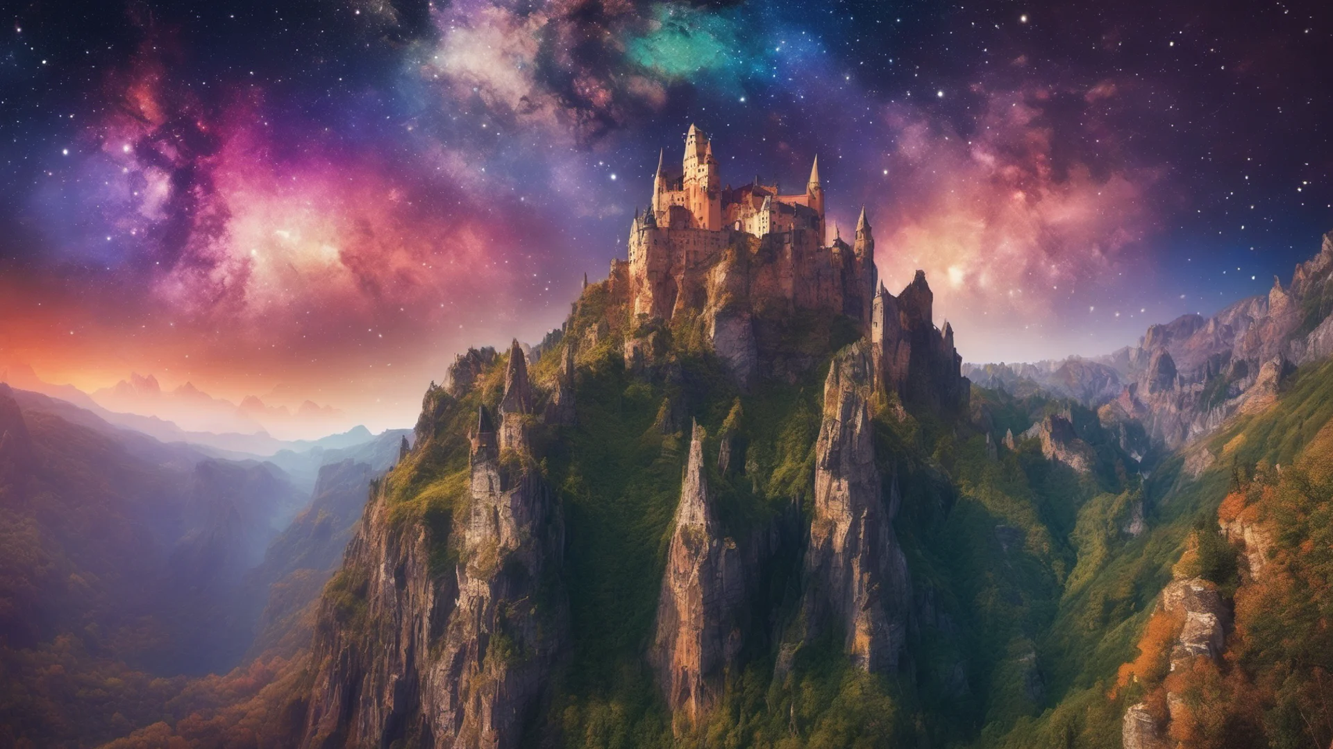 castle unreal landscape amazing starry colorful galaxies in sky steep cliffs overhangs  confident engaging wow artstation art 3 wide