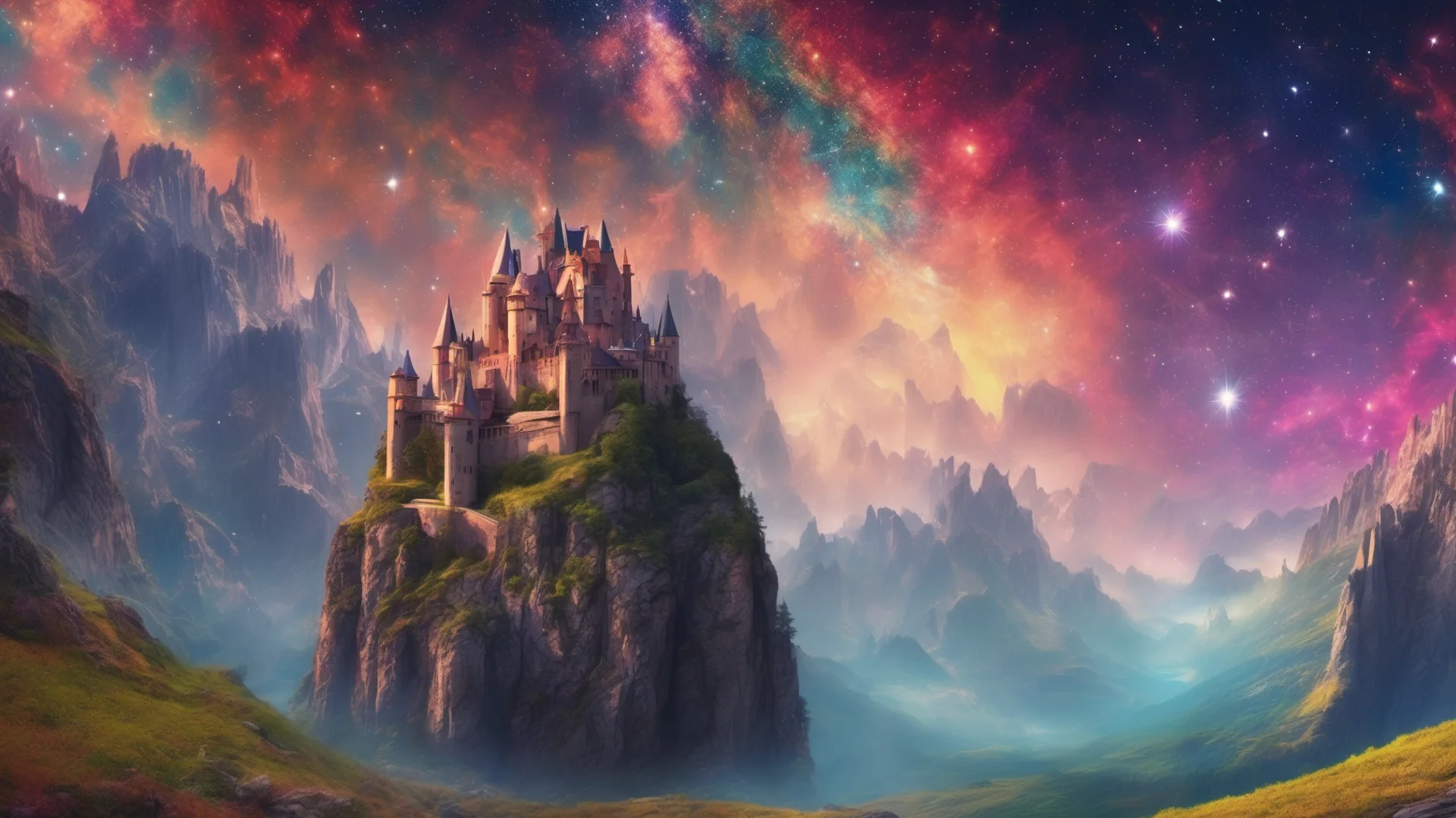 castle unreal landscape amazing starry colorful galaxies in sky steep cliffs overhangs  good looking trending fantastic 1 wide