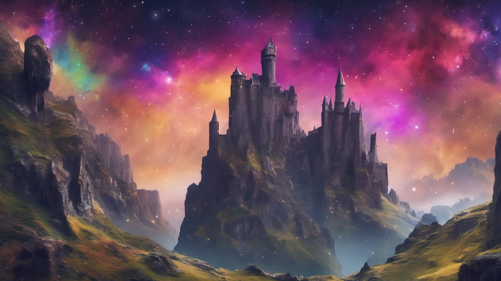 aicastle unreal landscape amazing starry colorful galaxies in sky steep cliffs overhangs  wide