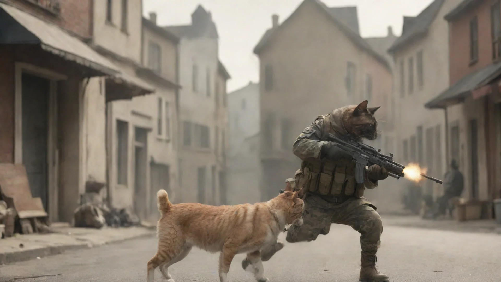 cat soldier shooting dog soldier in a small town wide