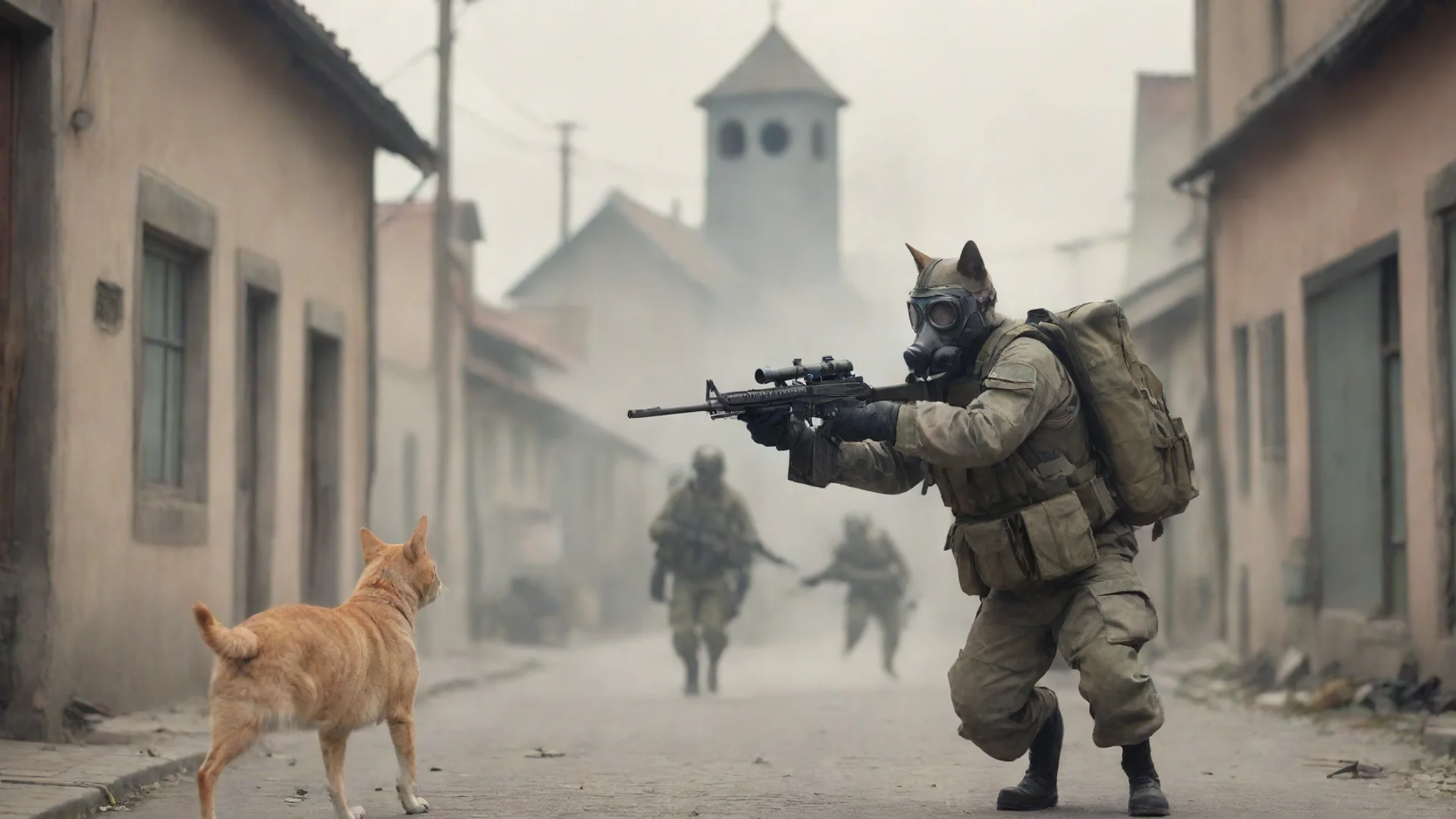 cat soldier with gas mask shooting dog soldier in a small town wide