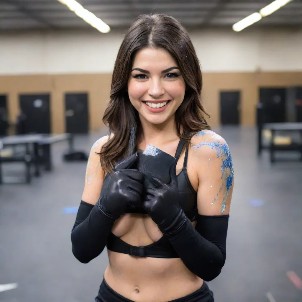 cathy kelley wwe smackdown  smiling with black nitrile gloves and gun at a shooting range and mayonnaise splattered everywhere