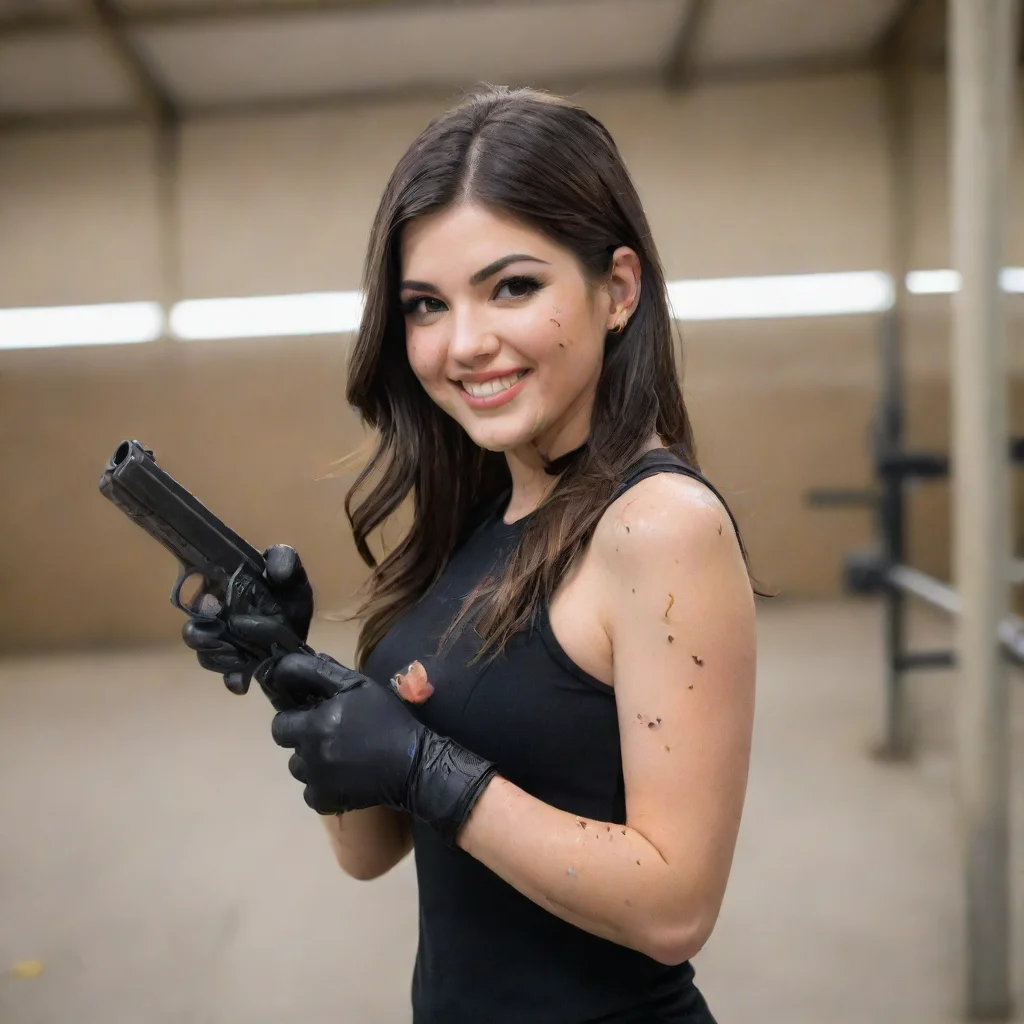 cathy kelley wwe smiling with black nitrile gloves and gun at a shooting range and mayonnaise splattered everywhere