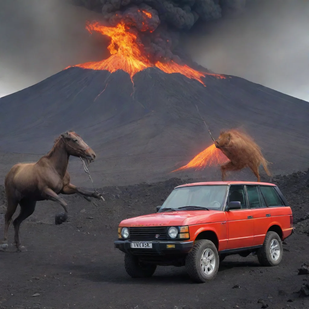 aicentaur throwing an arrow to a range rover with volcano background