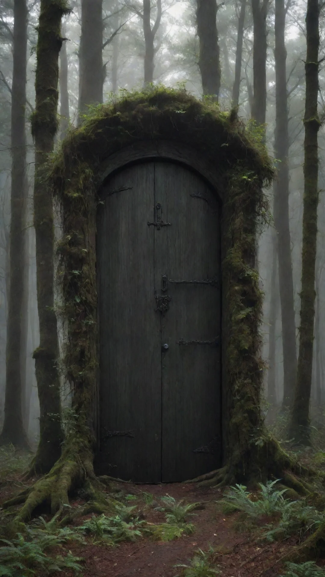 aicentered in the middle of the forest lays a door to another world a portal to another dimension dark and gloomy forest a tall