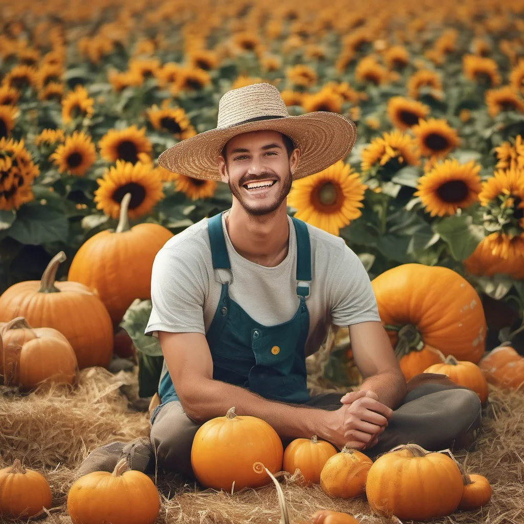 centre on photo of young man colourful farmer wearing a straw hat with orange colorful smiling pumpkin medallions digital art with sunflowers  good looking trending fantastic 1