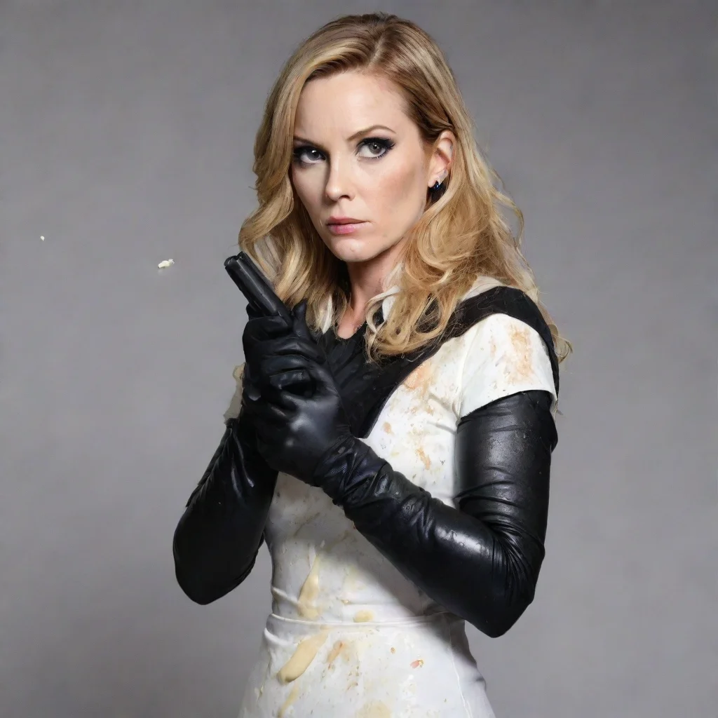 challen cates actress  with black gloves and gun and mayonnaise splattered everywhere