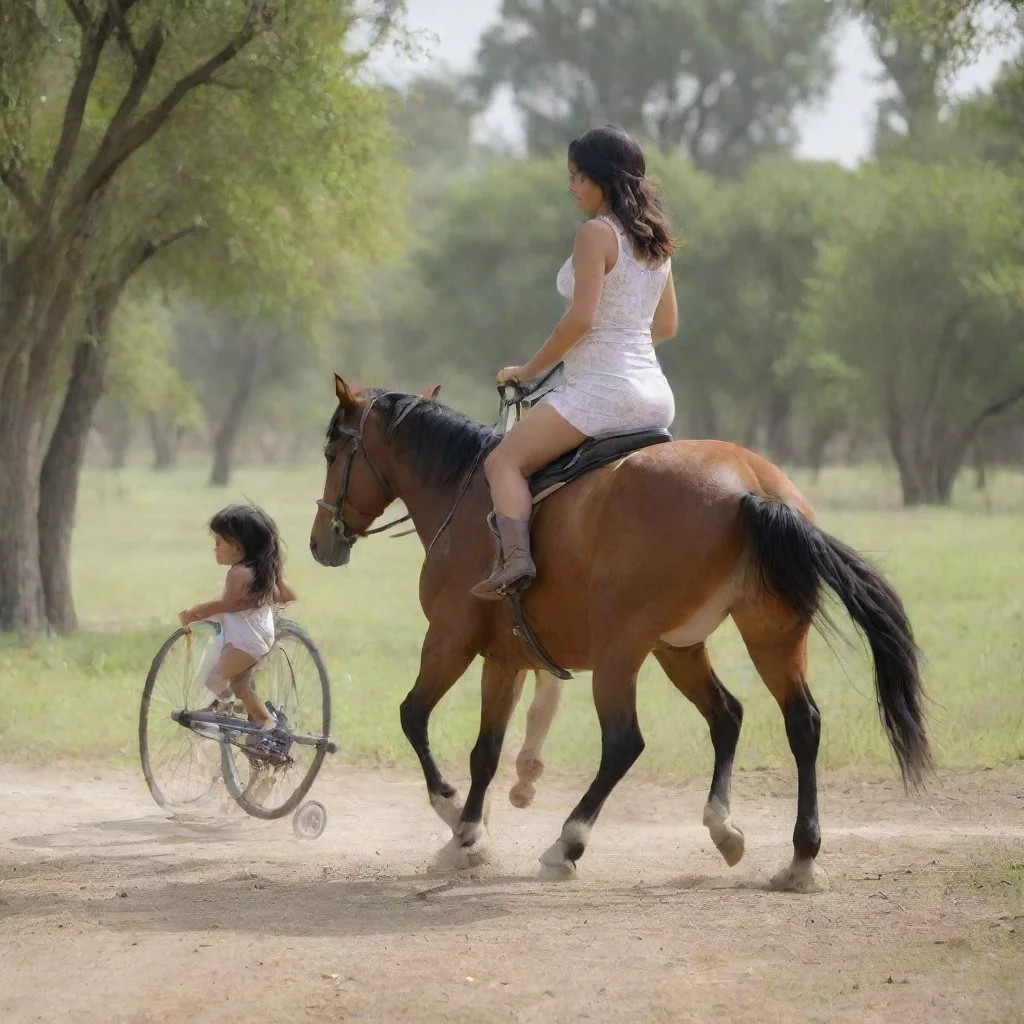 chamaleon riding a bike towards a pregnant horse
