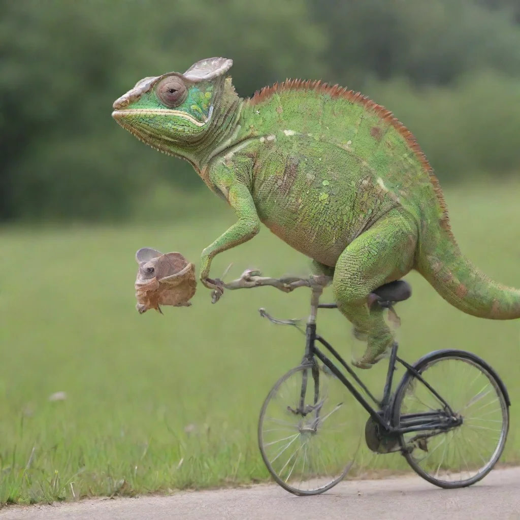 aichameleon riding a bike towards a pregnant horse