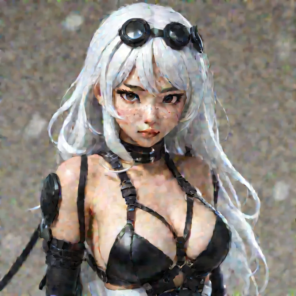 character card white haired 3d manga superhero wearing strappy black harness costume freckled asian woman with white hai