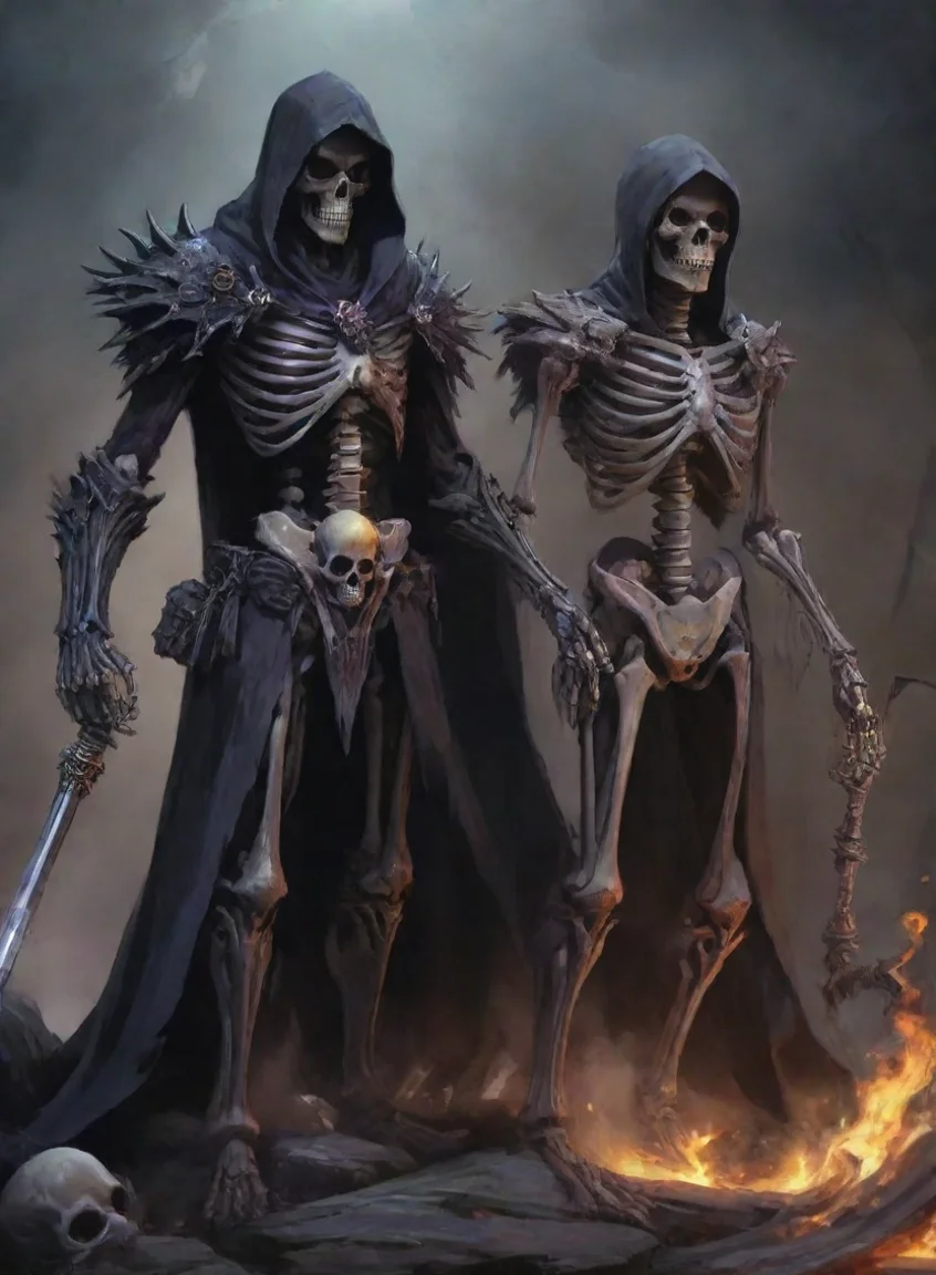 character evil dark wizard with skeleton warrior best friends warrior hd anime art man  epic detailed portrait43
