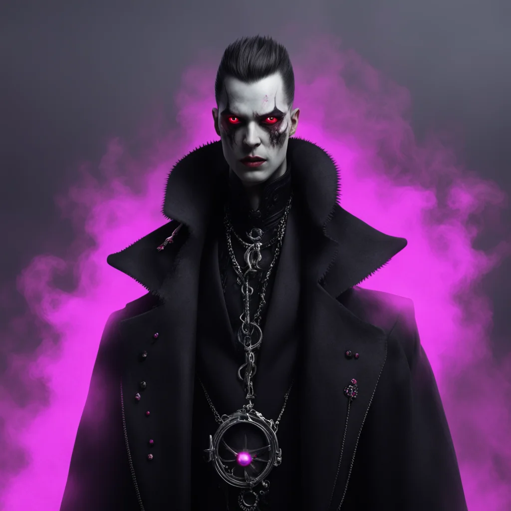 character portrait   a black fog appears appearing from the black smoke out walks lovell a light skinned 8ft tall vampire with reddish pink eyes his pupils look like pein contact or hypnotic pupils