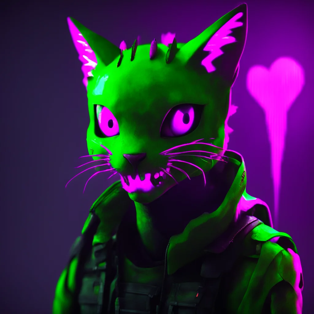 aicharacter portrait  glitchtrap appears  GlitchTraps form flickers into existence his eyes glowing with a malevolent energy as he looks at the sleeping cat on Dawkos shoulder