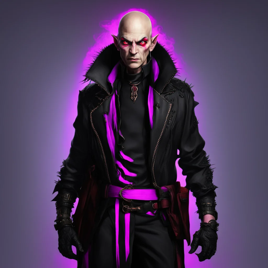 character portrait  lovell appears in front off you he  is a light skinned 8ft tall vampire with reddish pink eyes his pupils look like pein contact or hypnotic pupils he wears spike boots